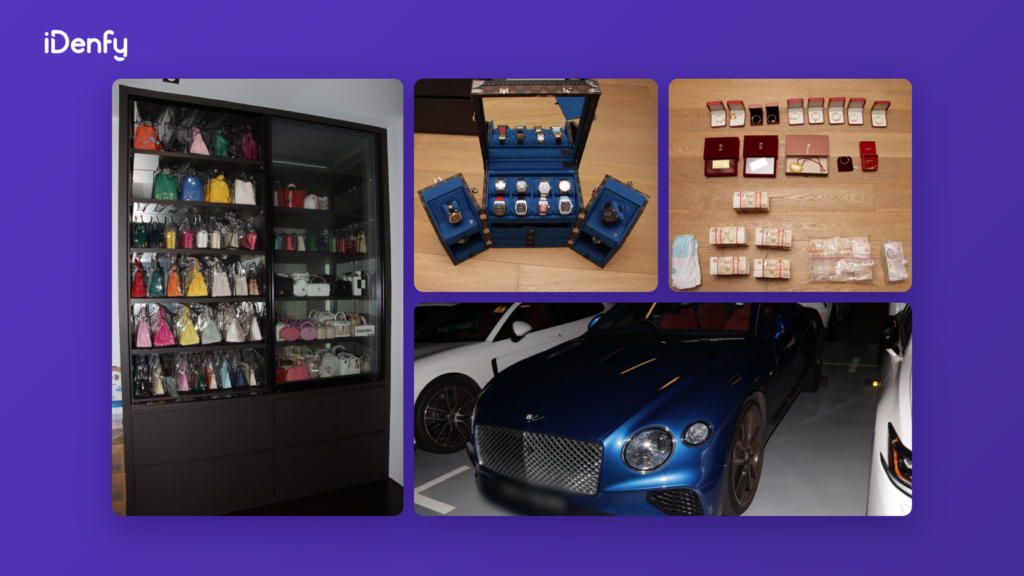 Cars, watches, cash, high-end bags and jewelry that were found during an AML operation in Singapore. 
